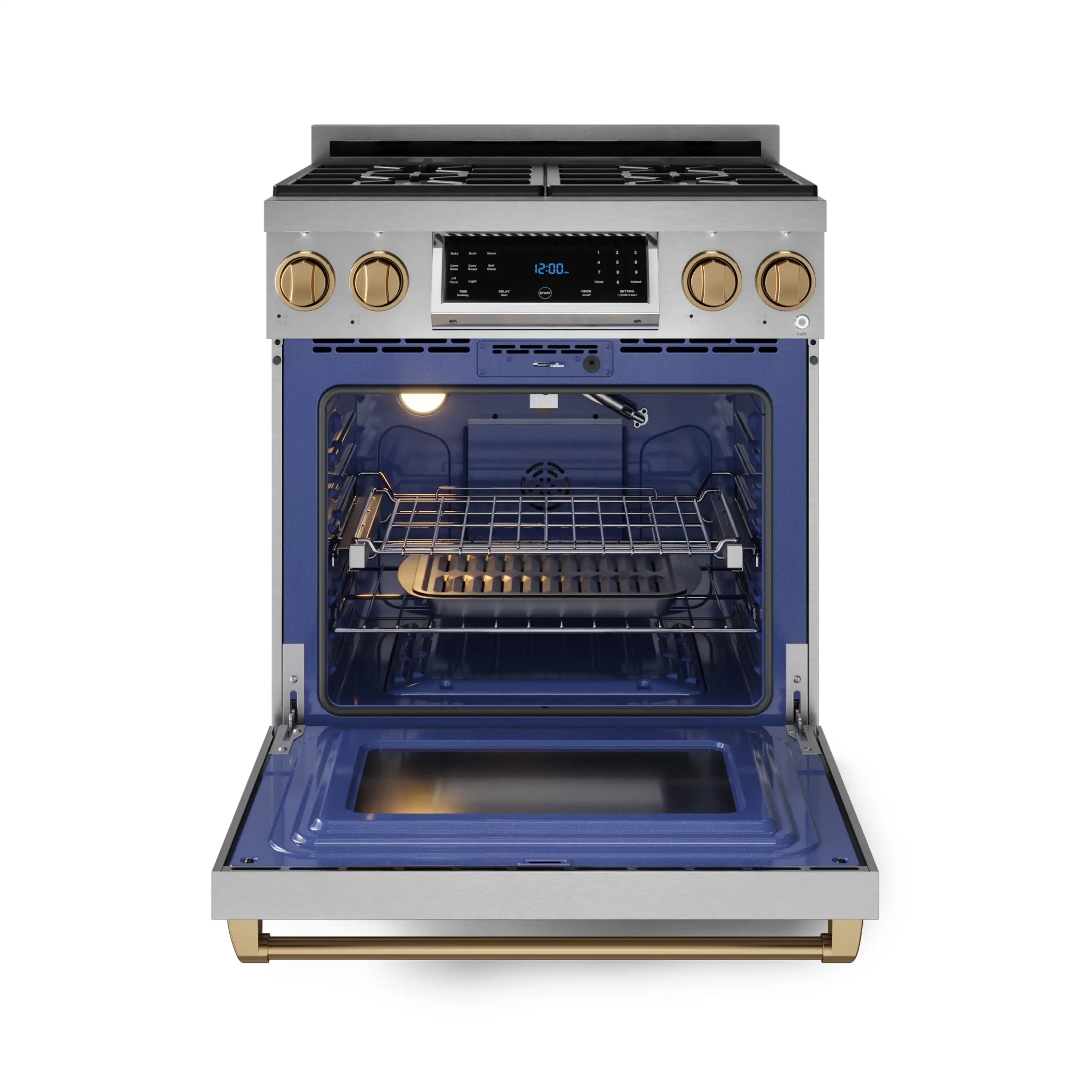 Stainless gas range with open oven door showing blue interior and racks