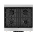 Stainless steel gas range cooktop with four burners and black grates, rear view.