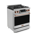 30-inch stainless steel natural gas range with black glass oven door and rose-gold trim