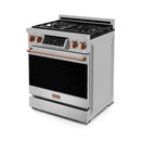 Stainless steel natural gas range with black oven door, rose-gold handle trim, and burner grates