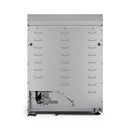 Natural gas range oven cavity with exposed burner and safety brackets, underside view
