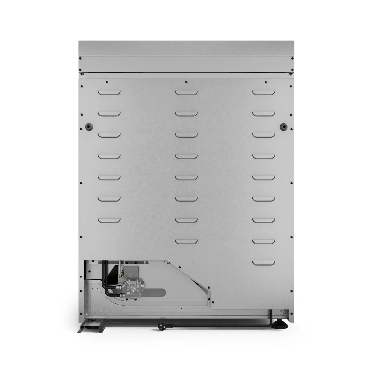 Stainless steel range tilt-panel interior with vents and hinge mechanism