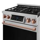 Stainless steel gas range with black grate top, rose-gold trim handle, and control display