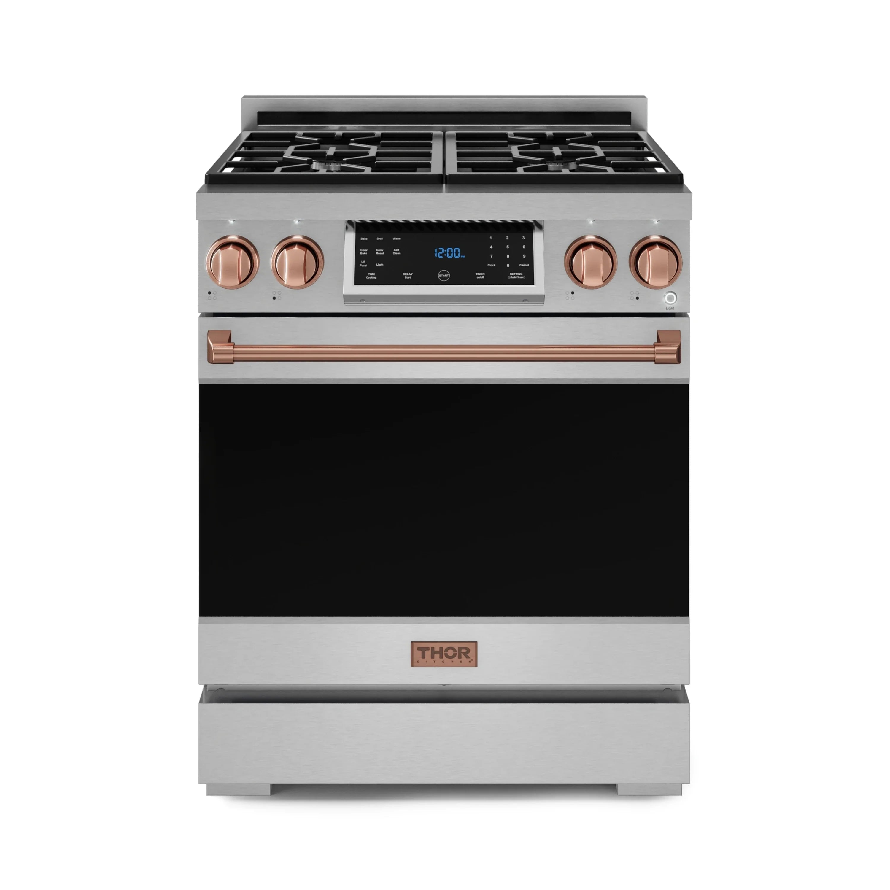 Stainless steel 30-inch propane gas range with rose-gold knobs and black glass control panel
