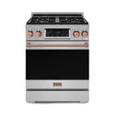 Front view of stainless steel gas range with black glass door, rose-gold handle and knobs