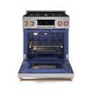 Open oven with racks and burners lit inside, stainless steel gas range with rose-gold controls