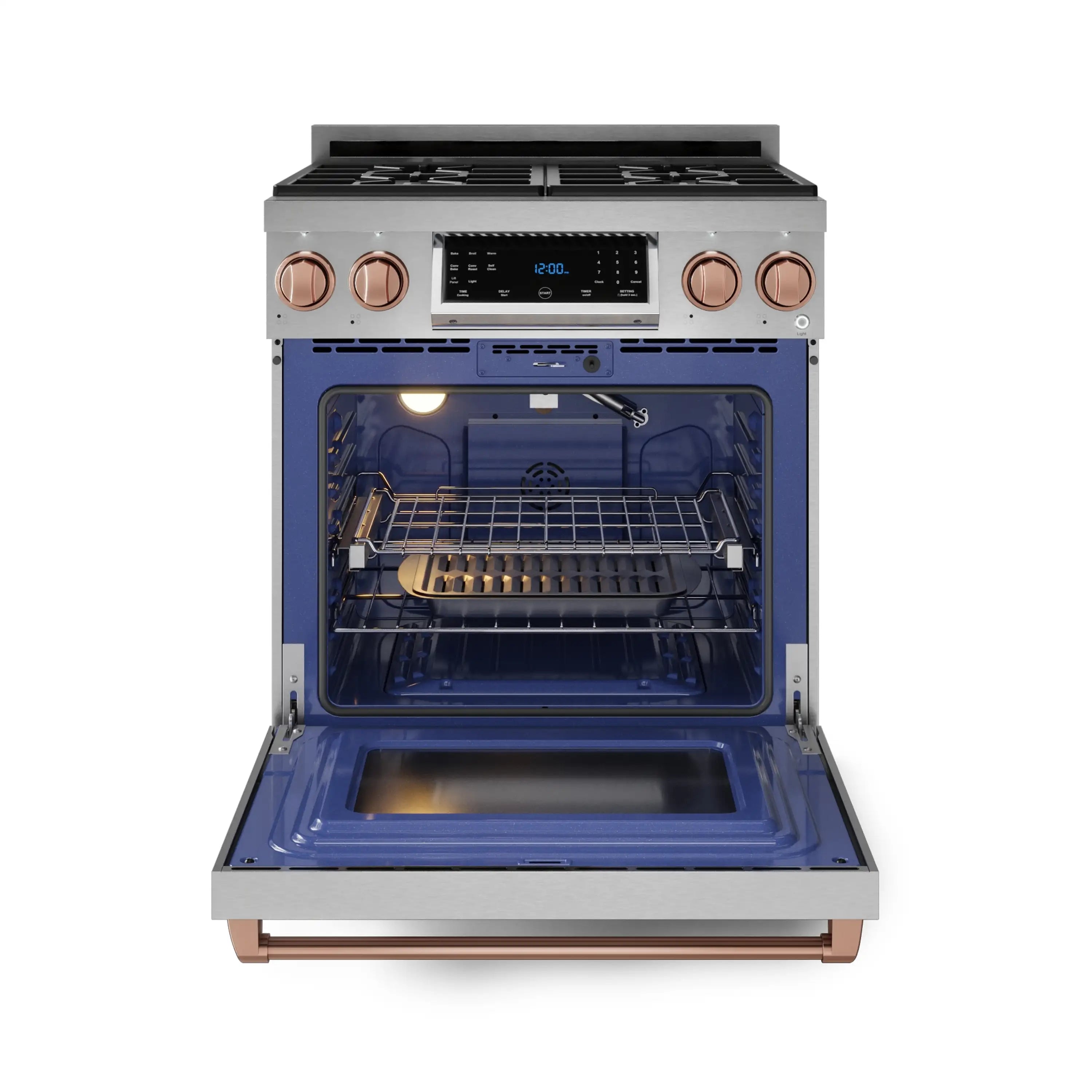 Stainless steel gas range with open oven door, blue interior, and rose gold control knobs