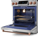 Open oven door showing interior racks and burners, stainless steel range with rose-gold accents