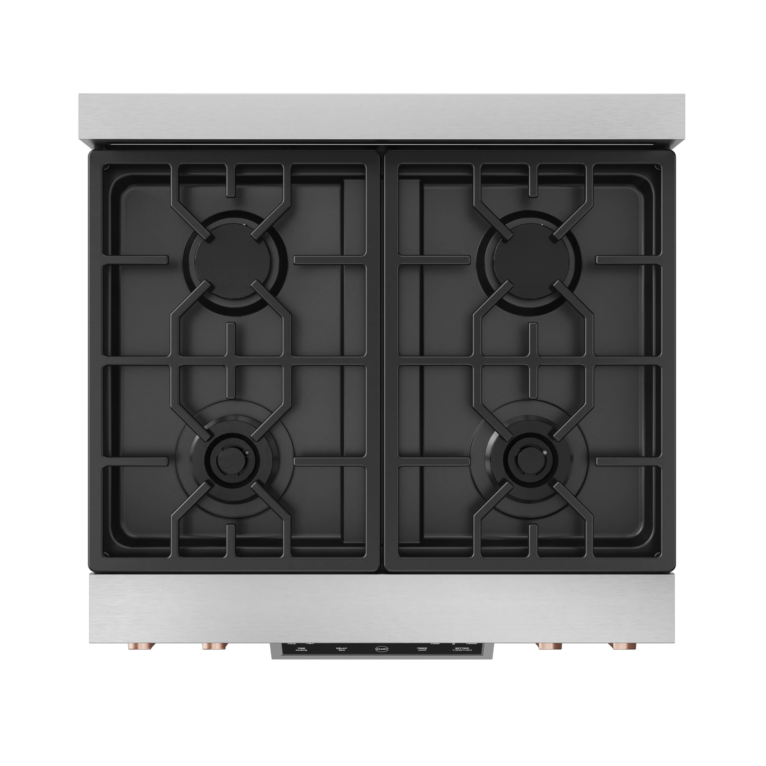 Two-burner cooktop grates in black on stainless gas range, front view