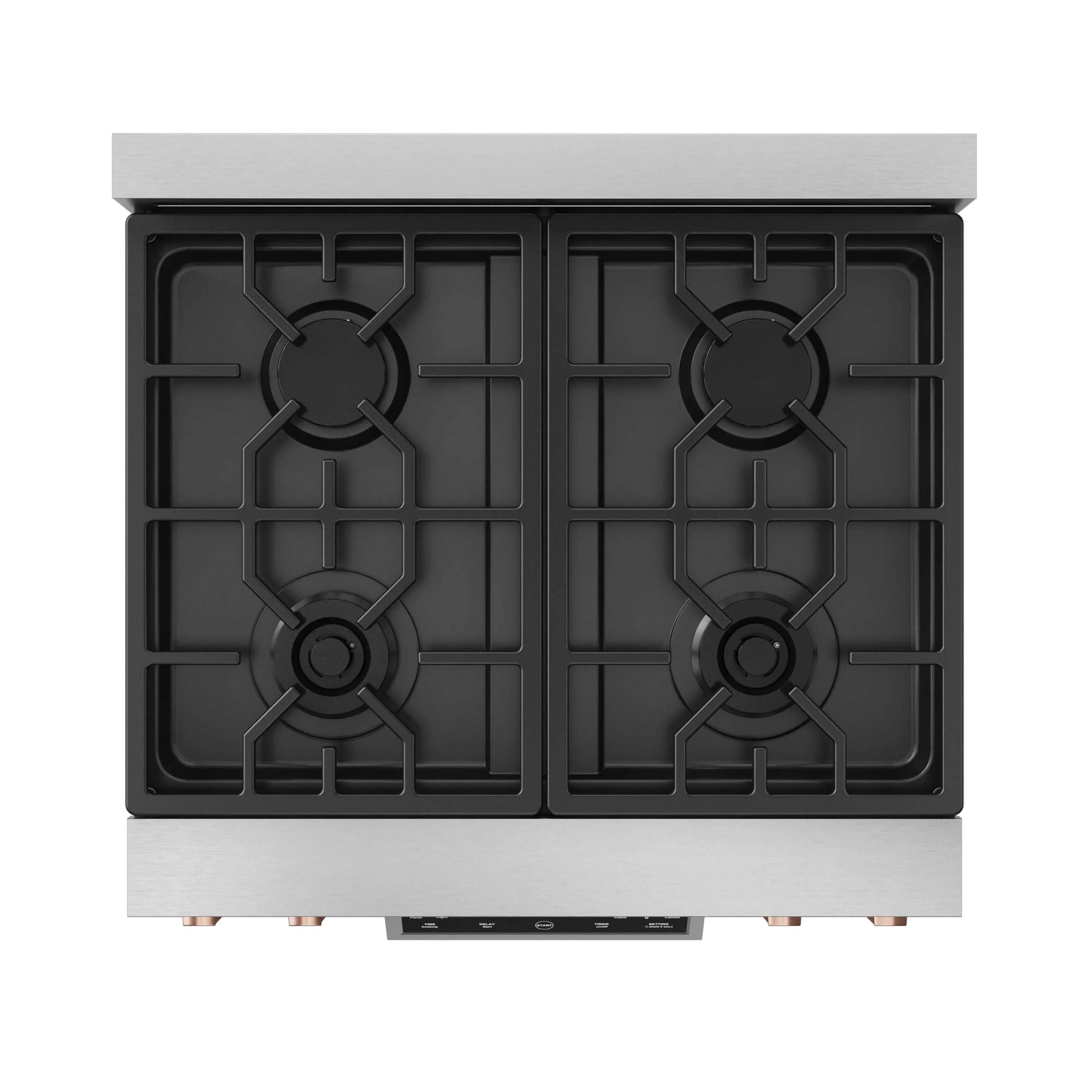 Stainless steel gas range cooktop with four burner grates visible