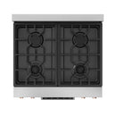 Two-burner cooktop grates in black on stainless gas range, front view