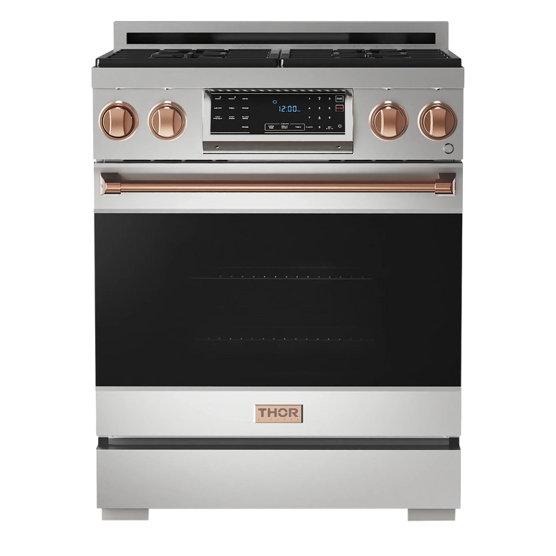 Thor Kitchen Gordon Ramsay 3-Piece Appliance Package - 30-Inch Gas Range with Tilt Panel, Refrigerator, and Dishwasher in Stainless Steel with Rose Gold Trim