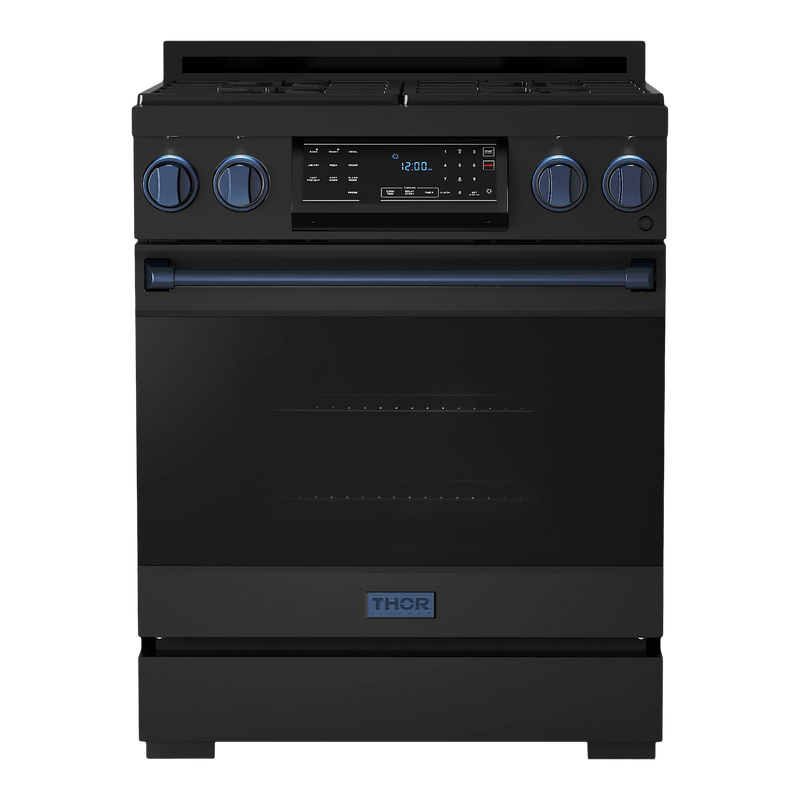 Thor Kitchen Gordon Ramsay 3-Piece Appliance Package - 30-Inch Gas Range with Tilt Panel, Refrigerator, and Dishwasher in Black with Blue Trim