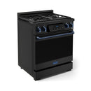 Black gas range side view with blue knobs, control display, and handle