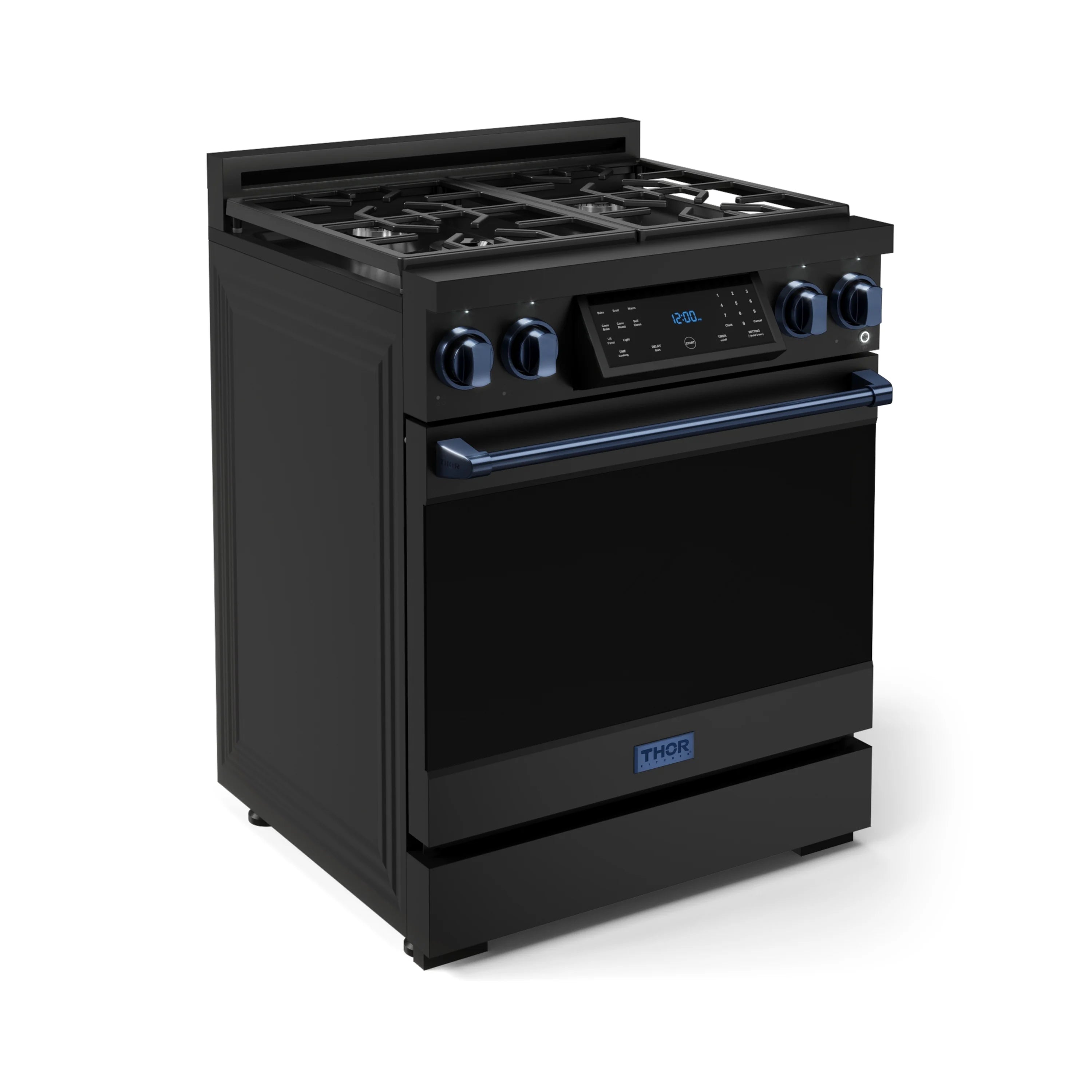 Black gas range side view with blue knobs, control display, and handle