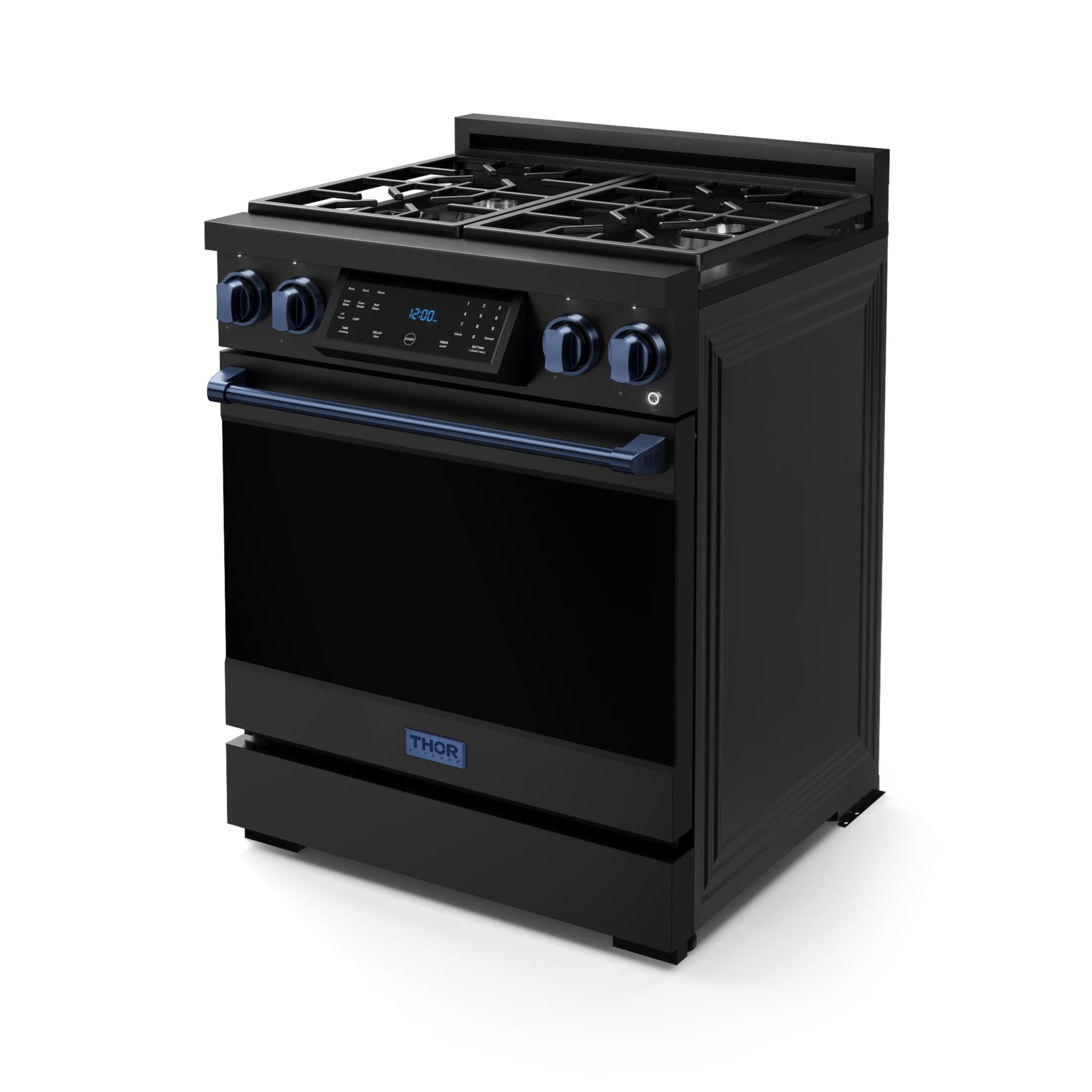 Black professional gas range with open grates, blue knobs, and control display