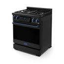 Black professional gas range with open grates, blue knobs, and control display