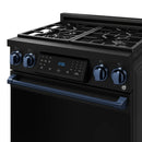 Black gas range front control panel with blue knobs and digital display