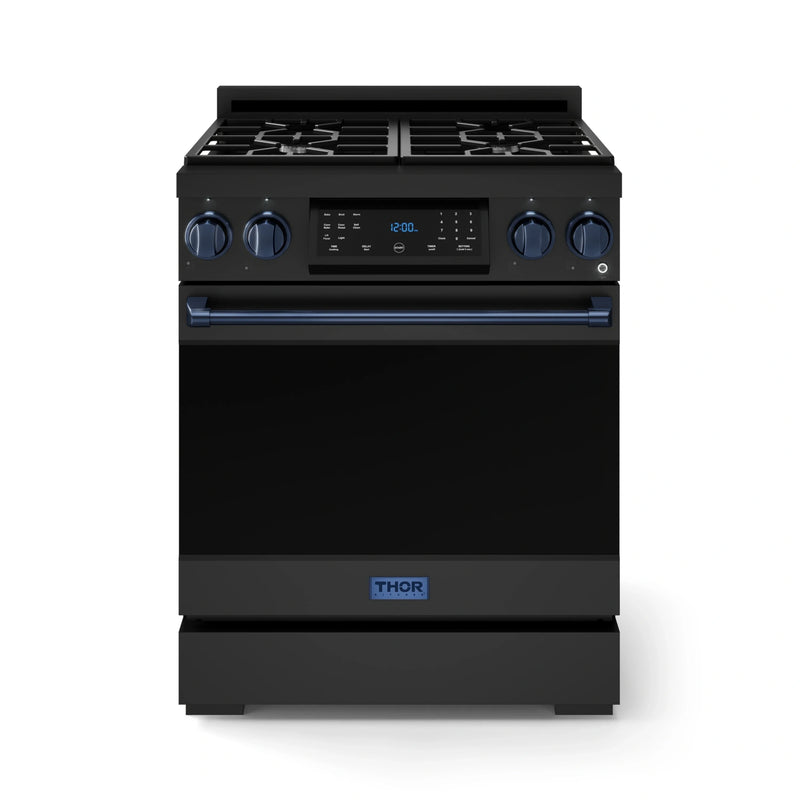 Thor Kitchen Gordon Ramsay 3-Piece Appliance Package - 30-Inch Gas Range with Tilt Panel, 36-Inch Refrigerator, and Dishwasher in Black with Blue Trim