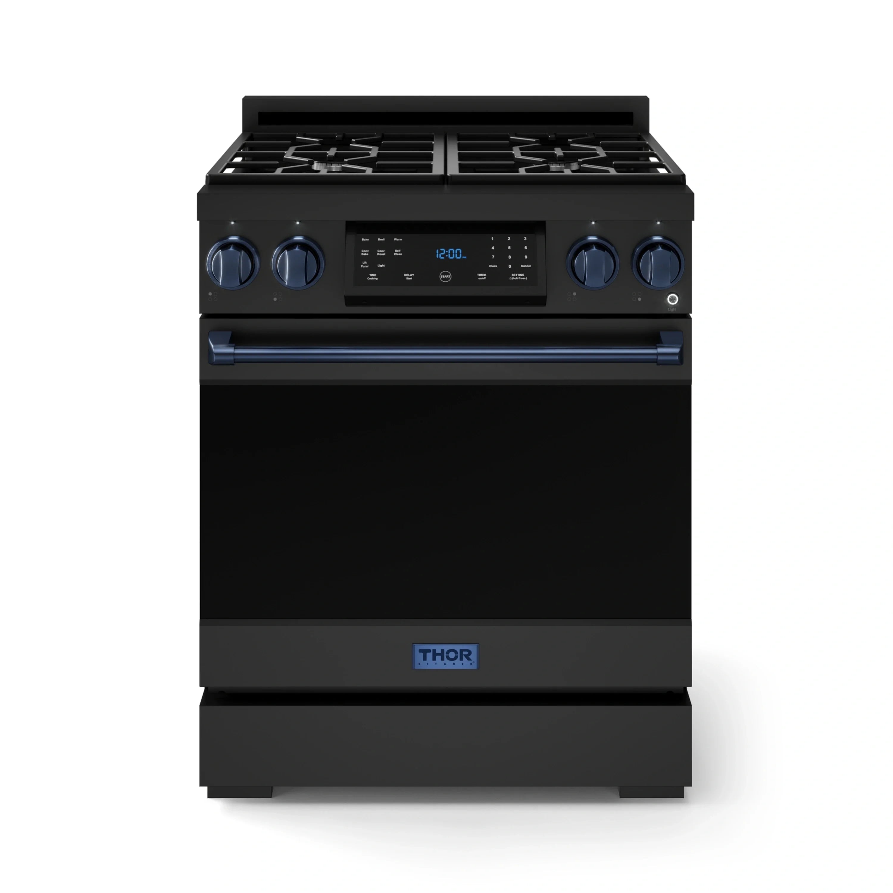 Black 30-inch gas range with blue-trimmed control panel and open-door handle