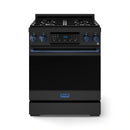 Black gas range with blue knobs, stainless handle, and centered control display