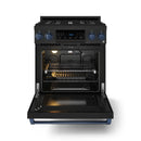 Black gas range with open oven door, illuminated interior racks, and burner