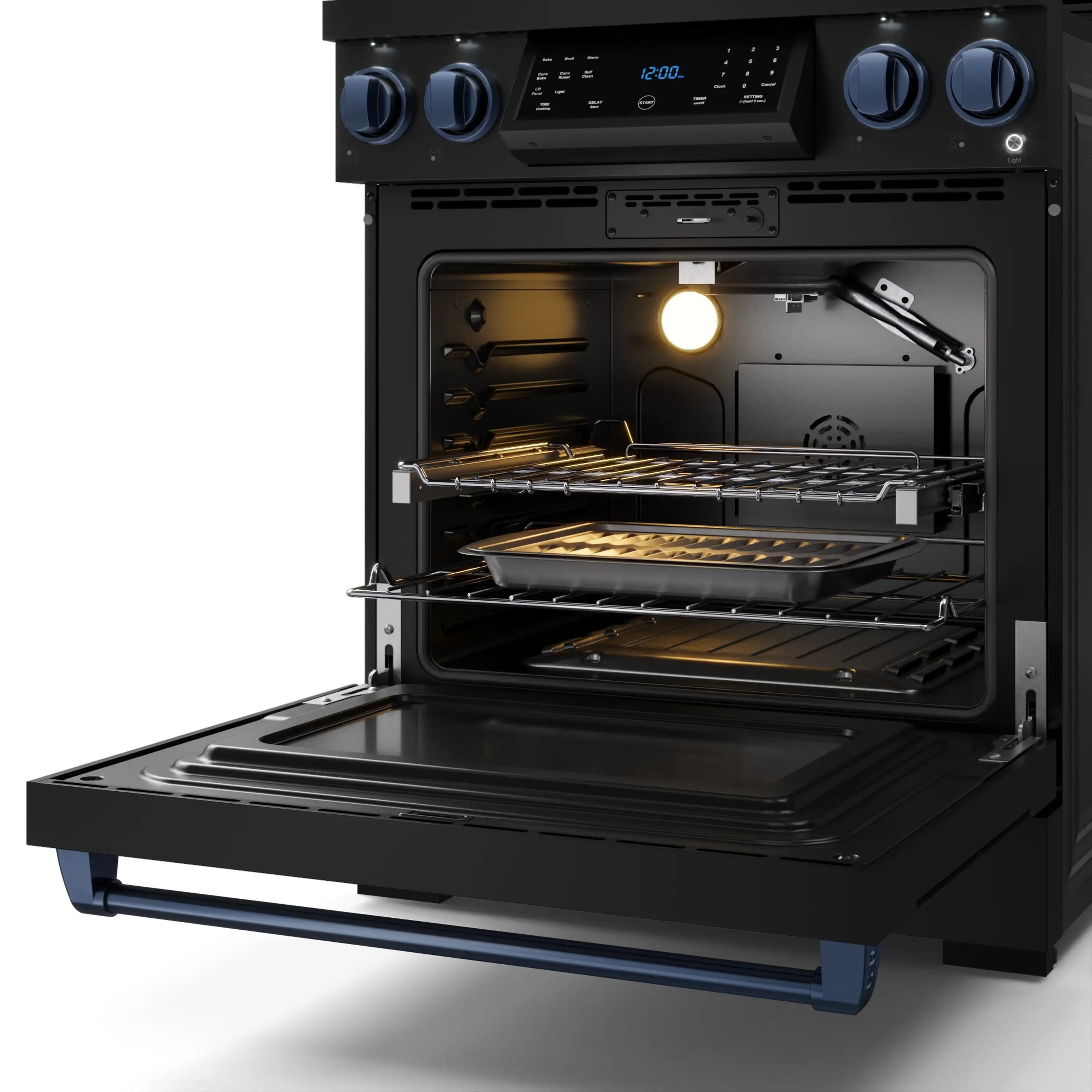 Black gas range with open oven door, racks, and blue control panel