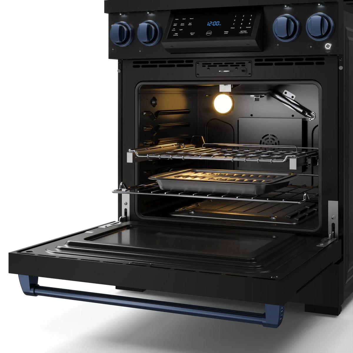 Open oven of a black gas range with interior racks and oven light on