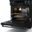 Black gas range with open oven door, racks, and blue control panel