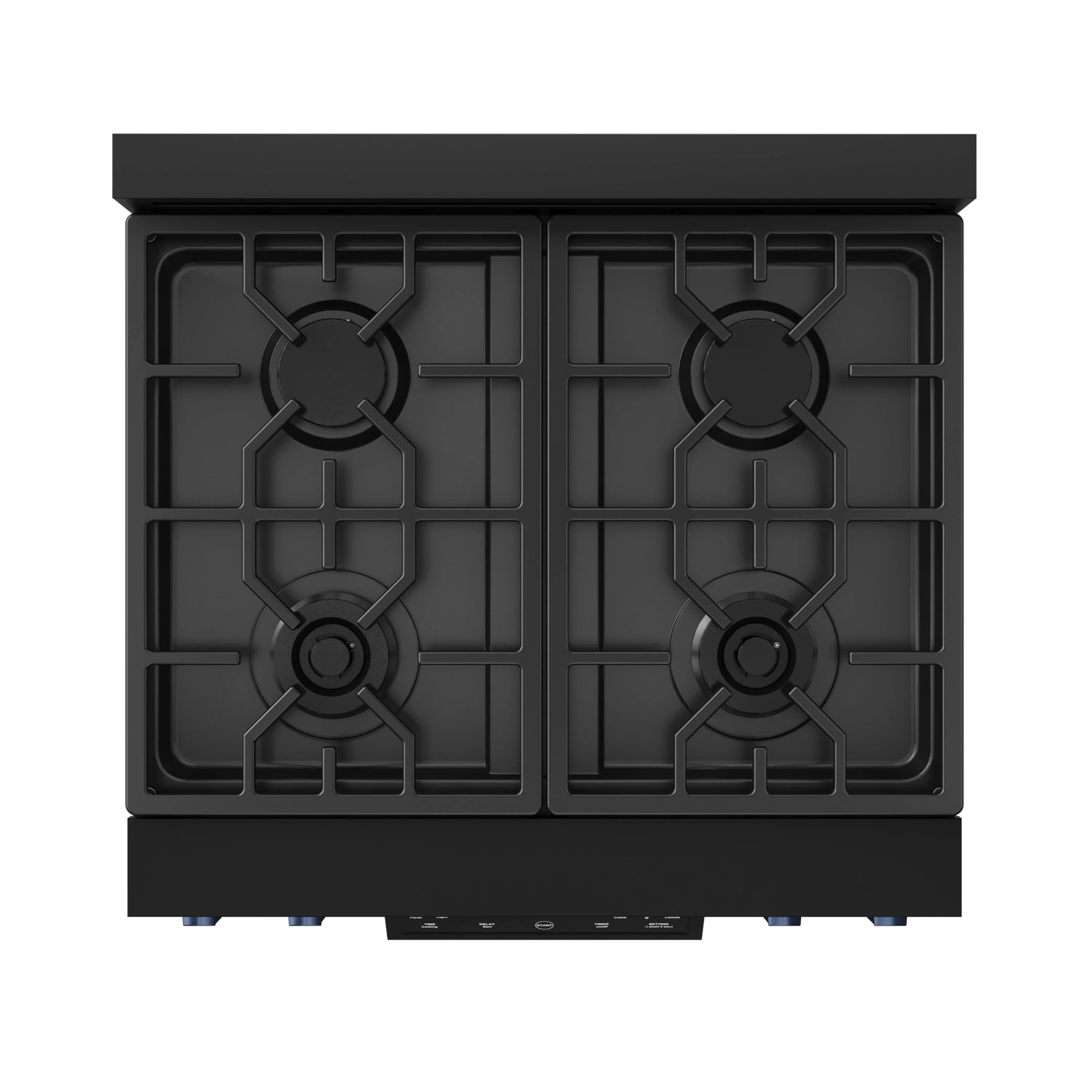 Black gas range cooktop with four burner grates and raised control side