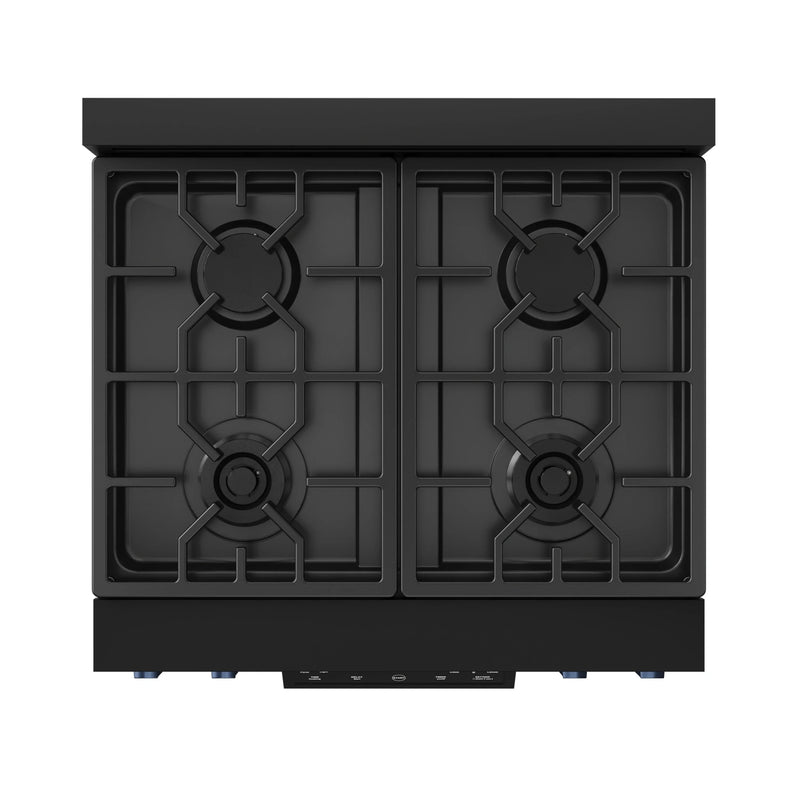 Thor Kitchen Gordon Ramsay 3-Piece Appliance Package - 30-Inch Gas Range with Tilt Panel, 36-Inch Refrigerator, and Dishwasher in Black with Blue Trim