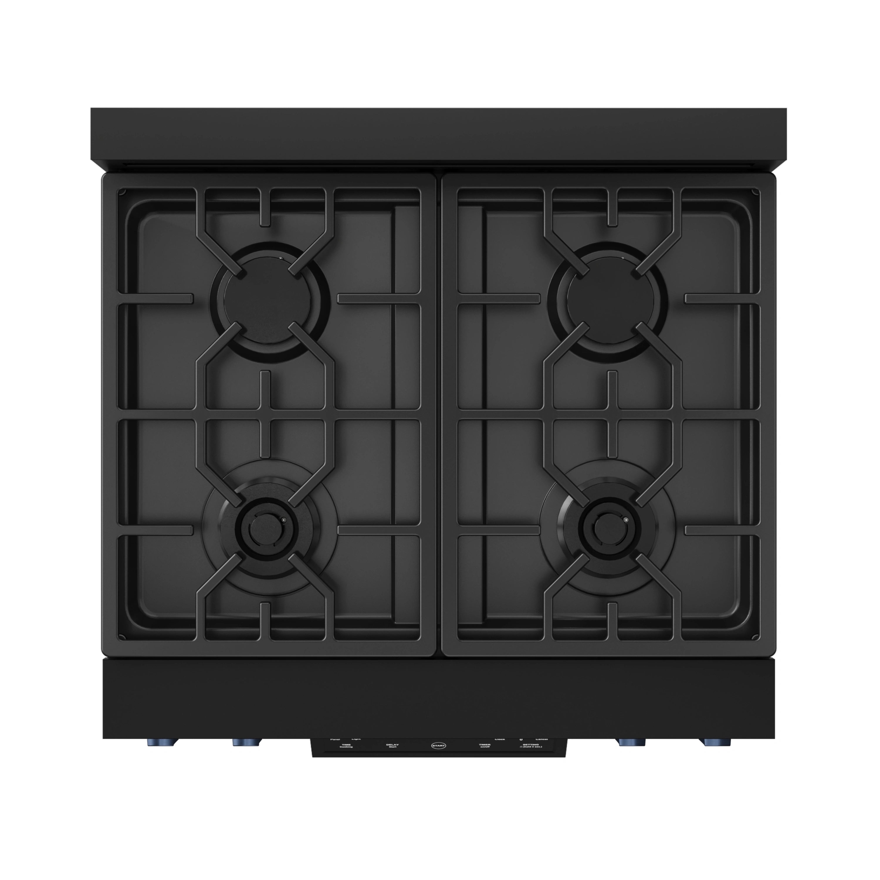 Black dual-burner cooktop with grates and four burner caps