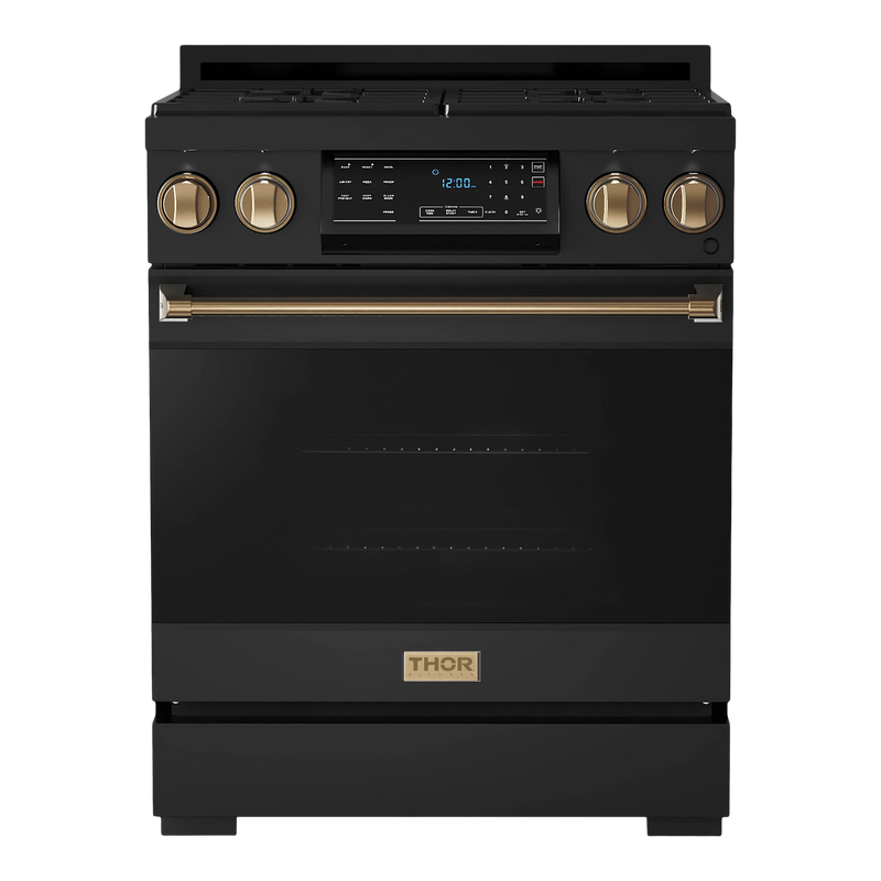 Thor Kitchen Gordon Ramsay 3-Piece Appliance Package - 30-Inch Electric Range with Tilt Panel Touch Control, Refrigerator, and Dishwasher in Black with Bronze Trim