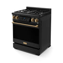 Black professional gas range with bronze handle, burner grates, and touch control panel