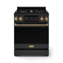Black gas range with bronze knobs and handle, digital display on control panel