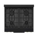 Black gas cooktop with four cast grates and recessed burners