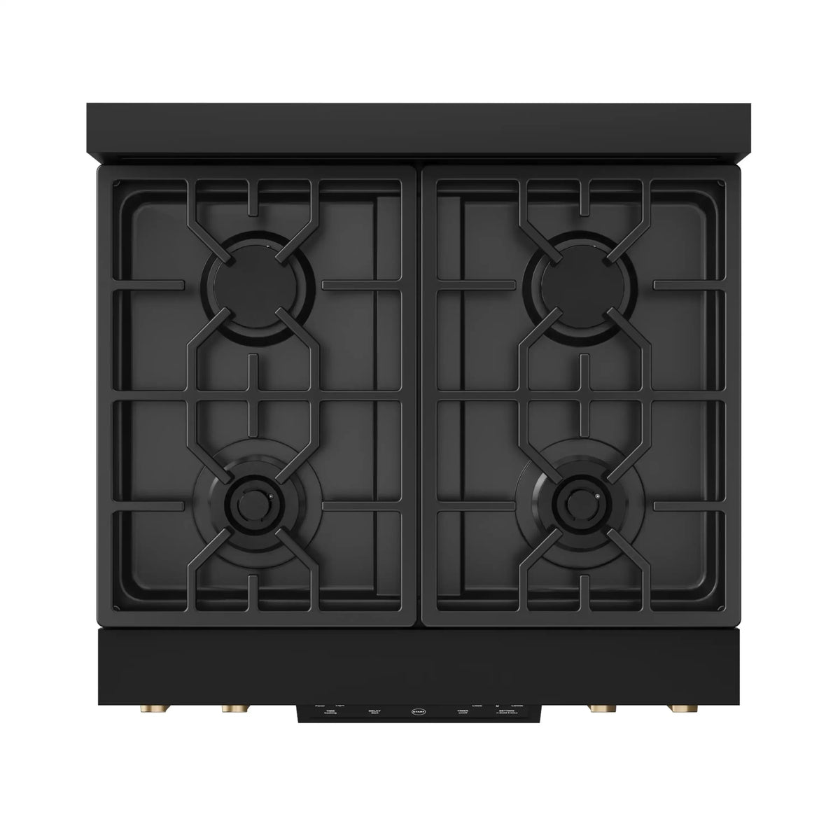 Close-up of black gas cooktop grates with four burners and bronze base details