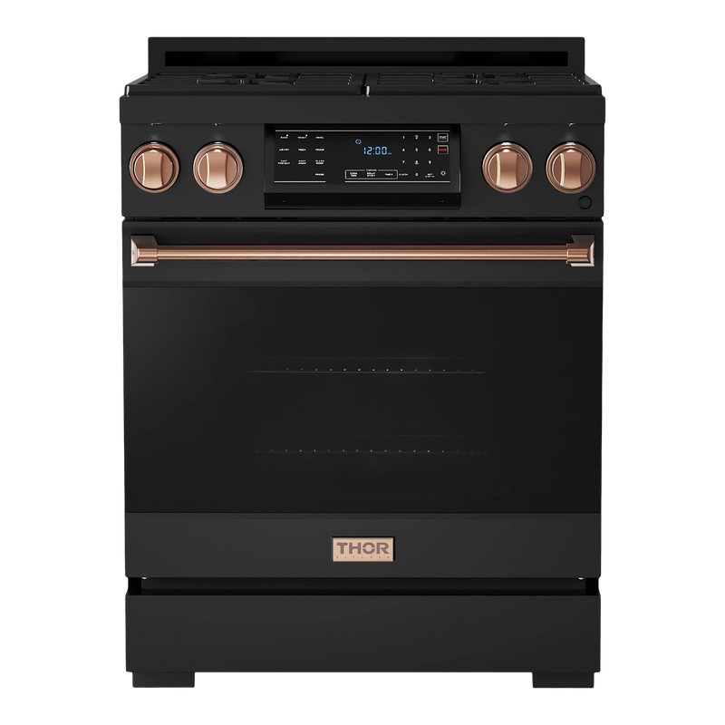 Thor Kitchen Gordon Ramsay 3-Piece Appliance Package - 30-Inch Gas Range with Tilt Panel, Refrigerator, and Dishwasher in Black with Rose Gold Trim