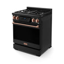 Black 30-inch gas range with open cooktop grates, rose-gold knobs, and touchscreen panel.