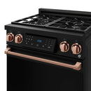 Black gas range front with touchscreen display, rose-gold knobs, and copper-colored oven handle.