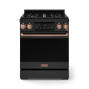 Black gas range with dual burner grates, centered touchscreen, and rose-gold trim handle.