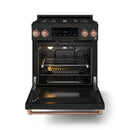Black gas range with oven door open, showing racks, grates, and interior cavity.