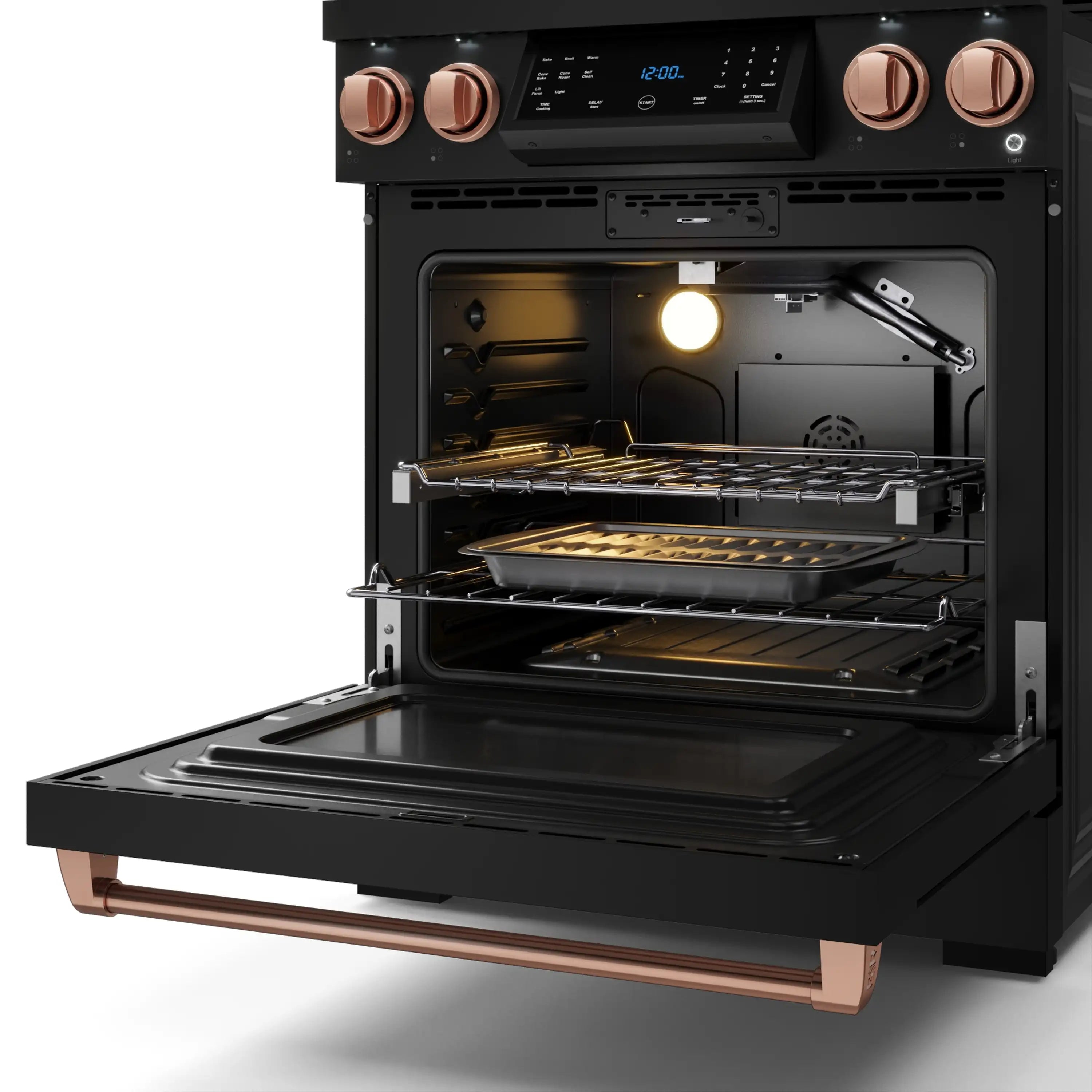 Open black gas oven with illuminated interior, racks, and rose-gold trim accents