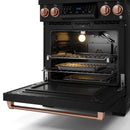 Black gas range with open self-clean oven and rose gold trim