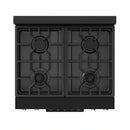 Black gas range cooktop with four burners and grates