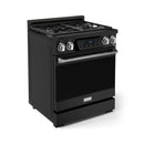 Black gas range with stainless oven handle, four burners, and control knobs