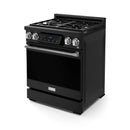 Black gas range front view with tilt touch display, four burners, and silver knobs