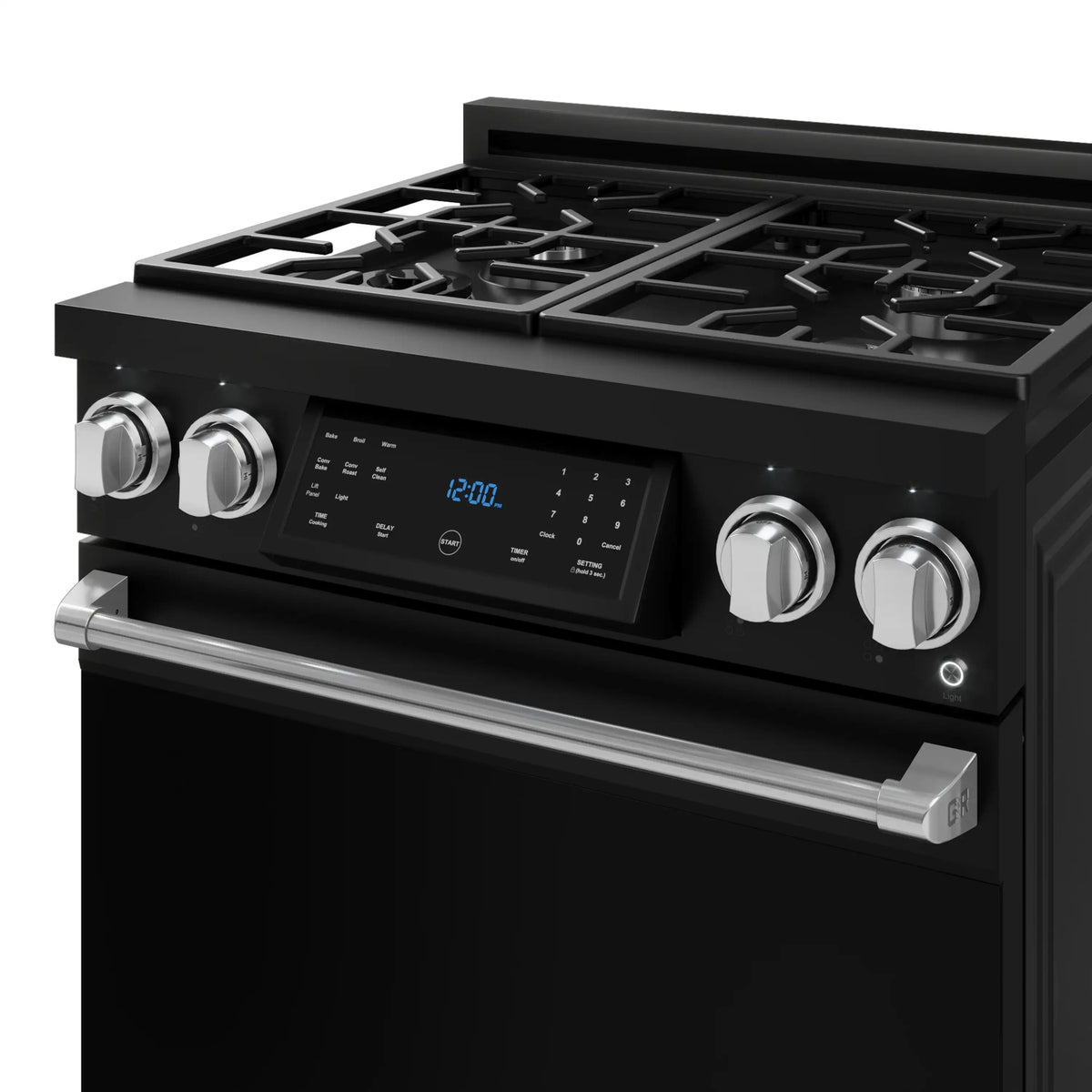 Black natural gas range cooktop with grates, control panel, and front knobs