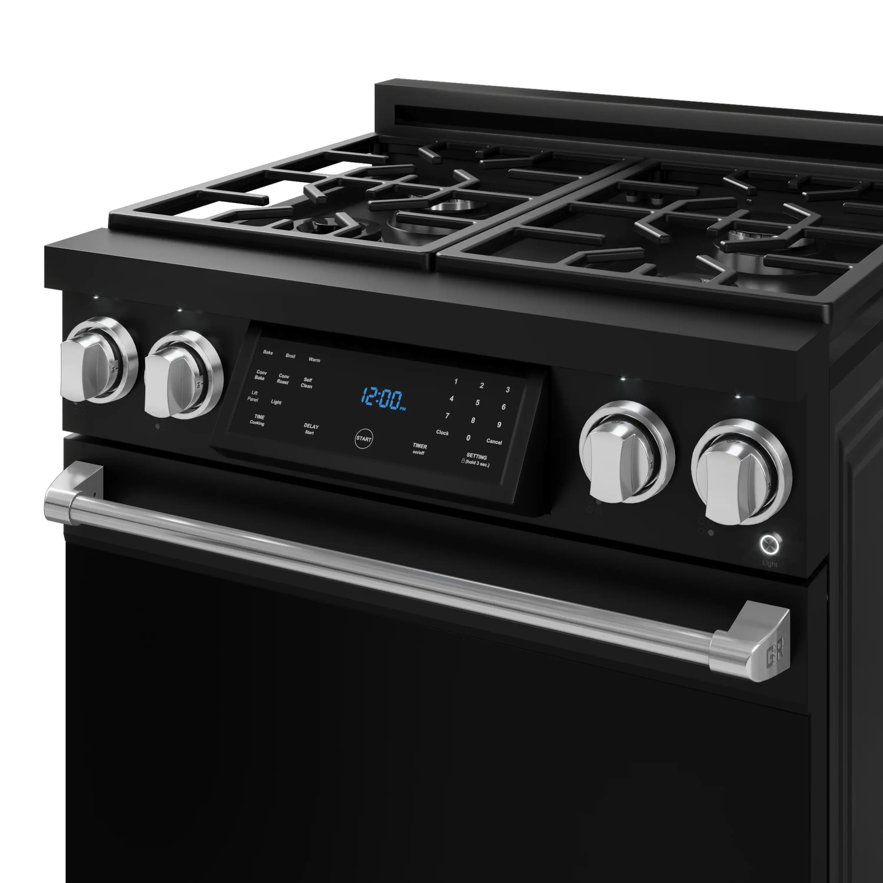 Black gas range front view with burner grates, digital display, and silver control knobs