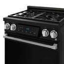 Black gas range cooktop with tilt touch display and four burner control knobs